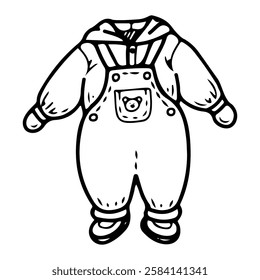 Baby outdoor set. Hand drawn doodle. Jumpsuit with suspenders and hoodie, boots, mittens. Newborn clothes. Fabric item. Little child's wardrobe. Childhood. Vector line art illustration.