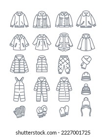 Baby outerwear warm clothes thin line icons. Jackets, coats, snowsuits, hats and mittens. Outline pictograms of kids clothing. Children wardrobe. Basic winter outfit for toddler, little boy or girl