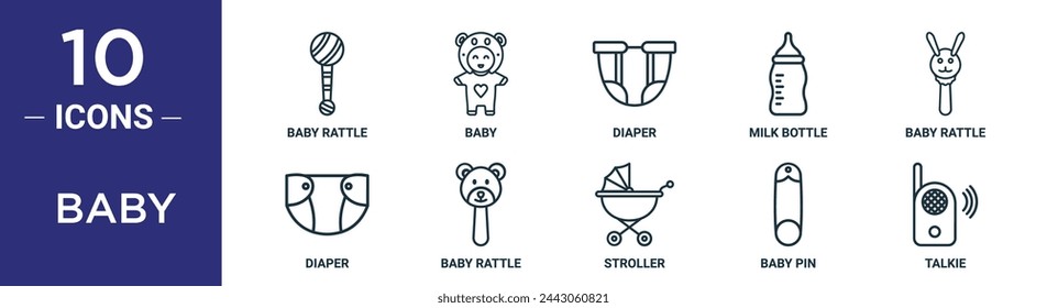 baby outline icon set includes thin line baby rattle, baby, diaper, milk bottle, rattle, diaper, rattle icons for report, presentation, diagram, web design