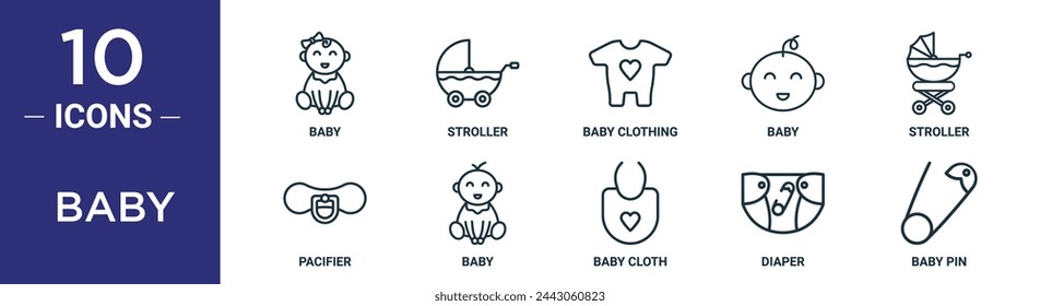 baby outline icon set includes thin line baby, stroller, baby clothing, stroller, pacifier, icons for report, presentation, diagram, web design