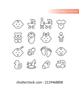 Baby outlined vector icon set. Toy train, teddy bear, cry baby symbols.