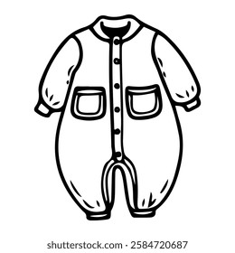 Baby overalls with pockets. Hand drawn doodle. Newborn clothes. Little child's wardrobe. Childhood. Vector line art illustration.