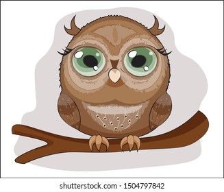 Baby Owl with green eyes, on a branch. The picture in hand drawing cartoon style, can be used for t-shirt print, wear fashion design, greeting card, party invatation.