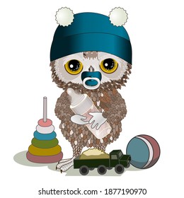 baby owl with a pacifier in its mouth and a glass bottle in its hands is standing surrounded by vintage toys, vector illustration on a white isolated background 