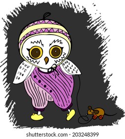 baby owl with a toy vector
