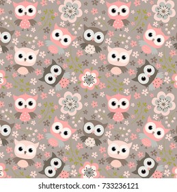 Baby Owls girl seamless pattern