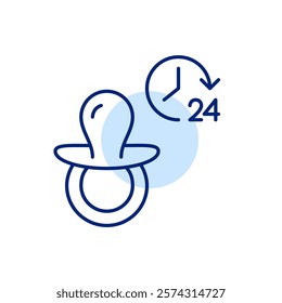 Baby pacifier and 24 hours symbol. Round the clock parental care and nursery. Pixel perfect, editable stroke icon