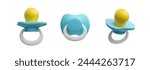Baby pacifier 3D style vector illustrations set in different positions. Cute blue rubber or silicone nipple or soother. Newborn care accessory isolated on white. Comforter dummy for pacifying infant