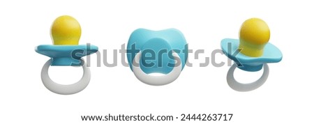 Baby pacifier 3D style vector illustrations set in different positions. Cute blue rubber or silicone nipple or soother. Newborn care accessory isolated on white. Comforter dummy for pacifying infant