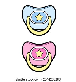 Baby pacifier with asterisk drawing color variation pink and blue for coloring book or icon 