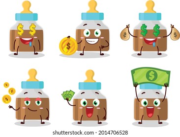 Baby pacifier with bhoco milk cartoon character with cute emoticon bring money. Vector illustration