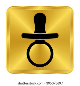 Baby Pacifier - black vector icon;  gold button