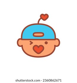 Baby with a pacifier and a cap. Heart shaped pacifier. Funny Baby Avatar. Baby concept, child illustration, sticker, child avatar. Vector illustration in cartoon style