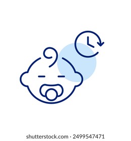 Baby with pacifier and clock. Infant daily regimen. Pixel perfect, editable stroke icon