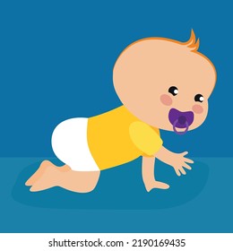 A baby with a pacifier and in a diaper is crawling
