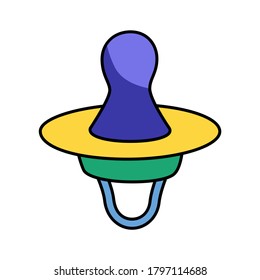 Icono de línea de color plano del pacificador de bebé. Pacificador aislado con color azul, amarillo y verde