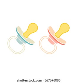 Baby pacifier icon in flat style. Infant dummy icon. Kids First Toys. Baby shower design element. Cartoon vector hand drawn eps 10 illustration isolated on white background.