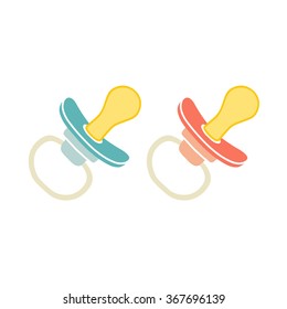 Baby pacifier icon in flat style. Infant dummy icon. Kids First Toys. Baby shower design element. Cartoon vector hand drawn eps 10 illustration isolated on white background.