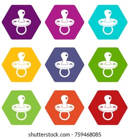 Baby pacifier icon set many color hexahedron isolated on white vector illustration
