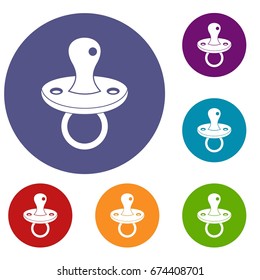 Baby pacifier icons set in flat circle reb, blue and green color for web