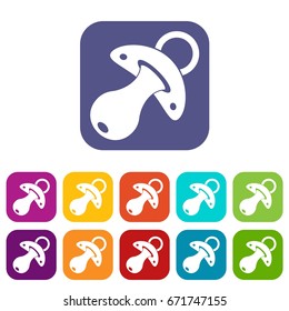 Baby pacifier icons set vector illustration in flat style In colors red, blue, green and other