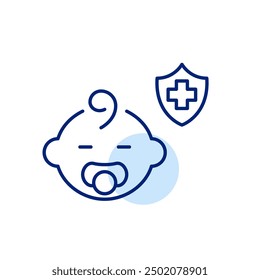 Baby with pacifier and medical insurance. Children healthcare. Pixel perfect, editable stroke icon