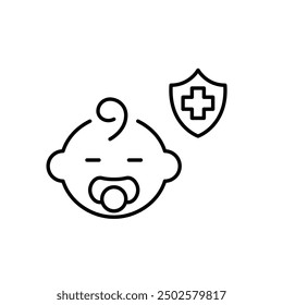 Baby with pacifier and medical insurance. Children healthcare. Pixel perfect vector icon