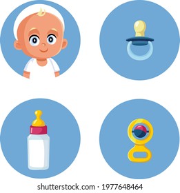 Baby, Pacifier Milk Bottle and Rattle Toy Vector Icon Set. Collection of babyhood related flat designed symbols
