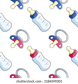 Baby pacifier and milk bottle, vector seamless pattern in the style of doodles, hand drawn