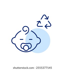 Baby with pacifier and recycling arrows. Sustainable parenting, eco-friendly child products. Pixel perfect, editable stroke icon