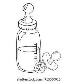 Baby pacifier with ring. Baby bottle for feeding. Bottle with a pacifier. A bottle with a measuring scale. Vector illustration.