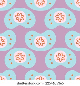 Baby pacifier seamless pattern on purple background. For textile, packaging, DIY projects.