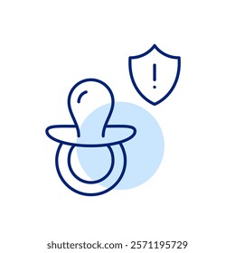 Baby pacifier, shield and exclamation mark. Infant products safety alerts and health warnings. Pixel perfect, editable stroke icon