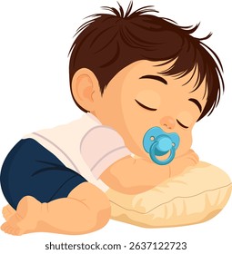 baby with pacifier in shorts sleeping on pillow