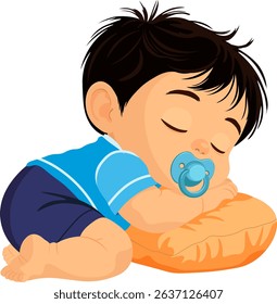 baby with pacifier in shorts sleeping on pillow vector