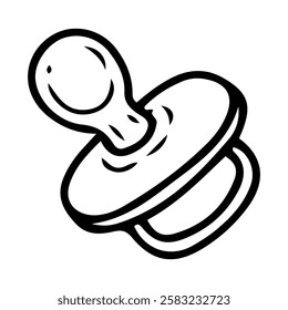 Baby pacifier side view. Hand drawn doodle. Item for newborns to suck on. For a small child. Childhood. Vector line art illustration.