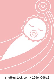 Baby with pacifier in sling. Stylized, vector illustration.