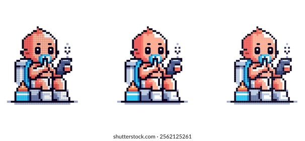 A baby with a pacifier and smartphone sitting on a toilet with a diaper, enjoying their time.