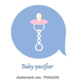 Baby pacifier vector icon. Children's pacifier with chain. Baby's pink dummy on a blue background. Vector Illustration