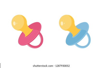 Baby pacifier vector illustration set - pink and blue newborn dummy for girls and boys in flat style.