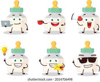 Baby pacifier with white milk cartoon character with various types of business emoticons. Vector illustration