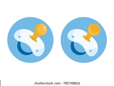 Baby pacifiers in blue circle on white background. Vector illustration.