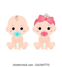 Baby with pacifiers sit on a white background. Vector illustration of cute twins boy and girl in childish cartoon style.