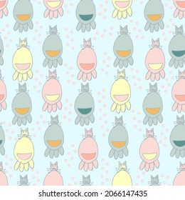 baby painted cats and footprints vector seamless pattern. Background in pastel colors for the nursery, baby products and fabrics