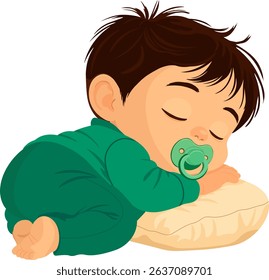 baby in pajamas with pacifier sleeping on pillow without background