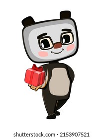 Baby panda Bear carries gift to friend. Red box with ribbon and bow. Summer meadow with flowers. Children illustration. Happy animal. Cartoon style. Isolated on white background. Vector