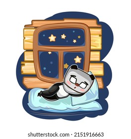 Baby panda Bear sleeps in bed. Dreaming Near window. Night and stars. Children illustration. Nice baby animal fell asleep. Cartoon style picture. Isolated on white background. Vector.