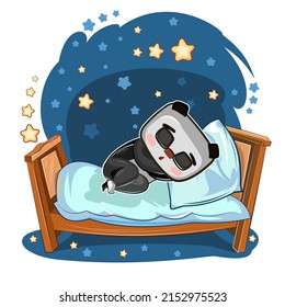 Baby panda Bear sleeps in bed. Dreaming. Night and stars. Children illustration. Nice baby animal fell asleep. Cartoon style picture. Isolated on white background. Vector.