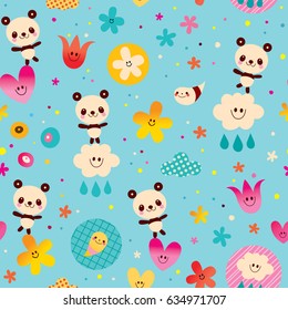 Bebé panda osos nubes corazones flores cielo sin patrón