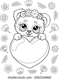 Baby panda with big heart and flowers. Vector outline for coloring page